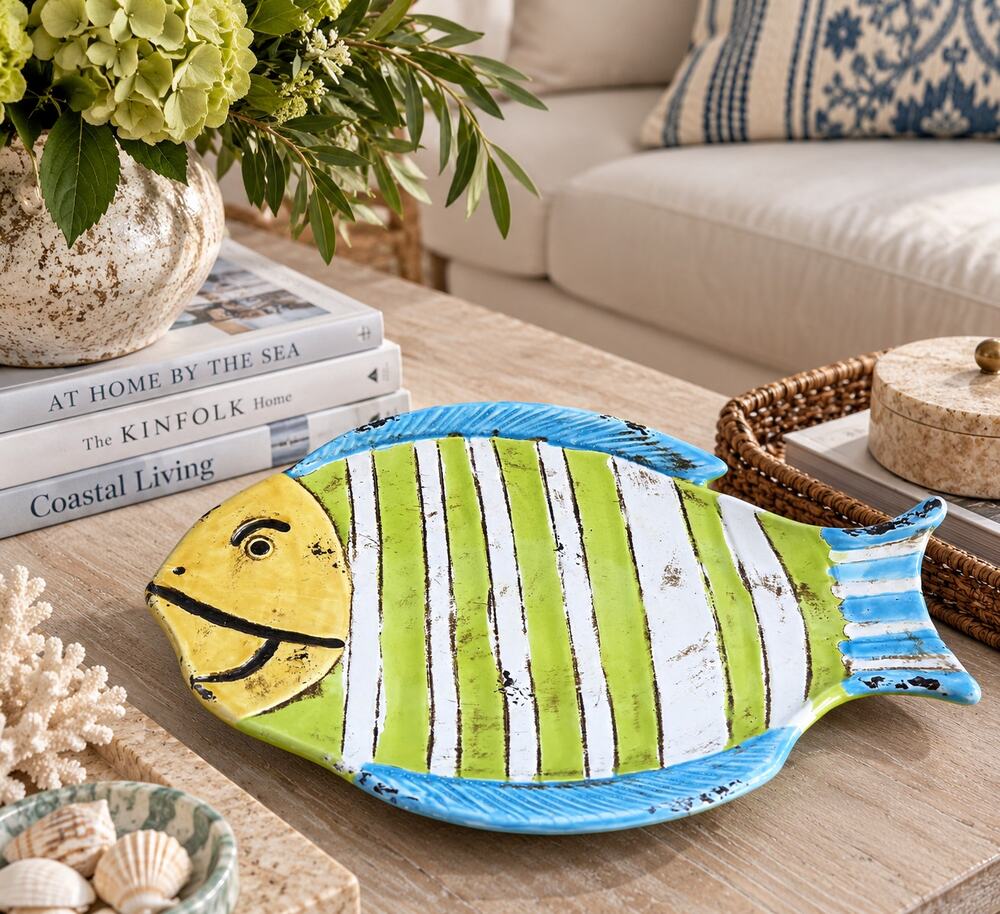 Hand Painted Ceramic Fish Decorative Bowl Tray Coastal Folk Art 11”